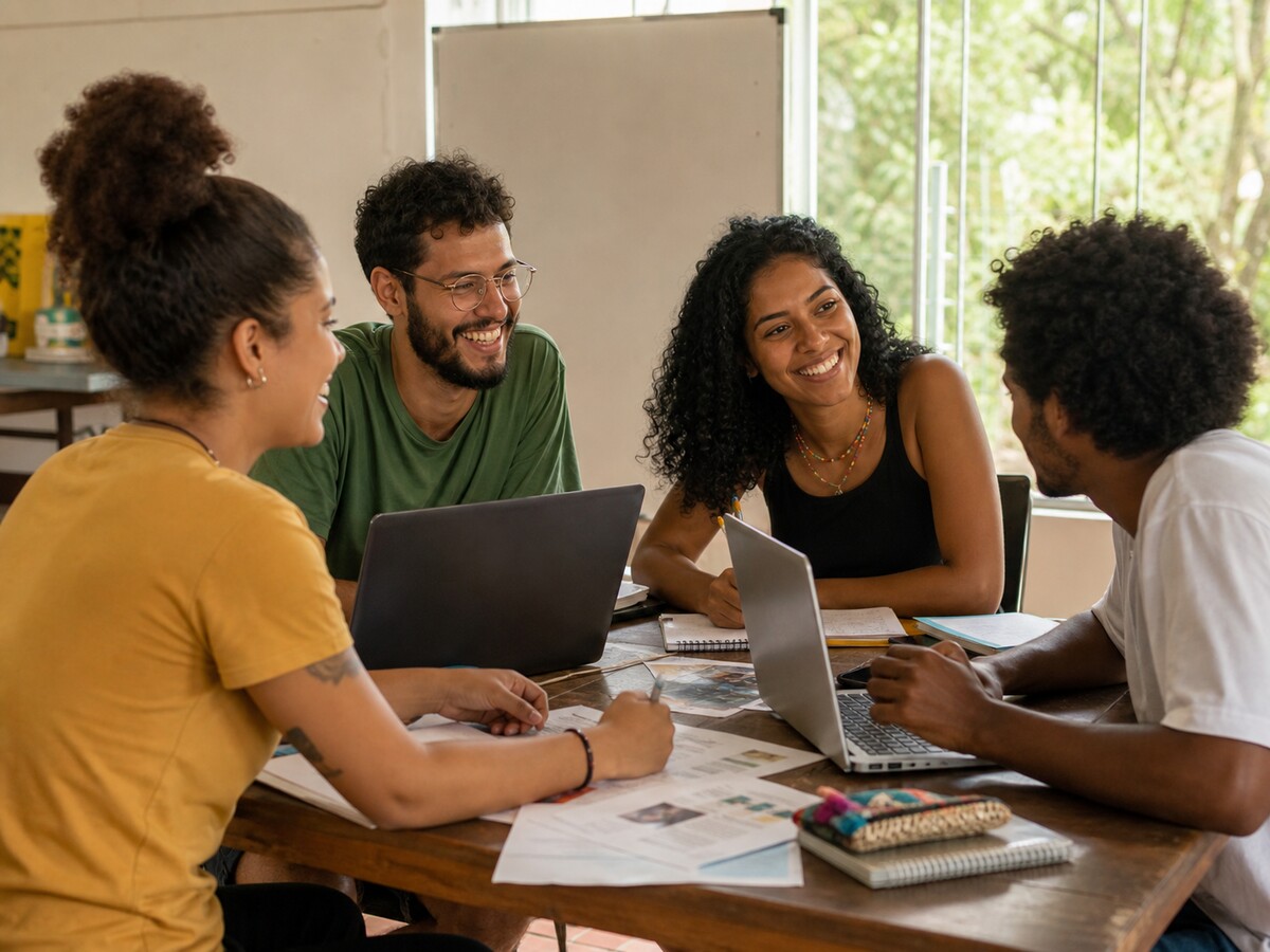 Equipe de uma organização da sociedade civil reunida em volta da mesa, trabalhando com computadores e documentos